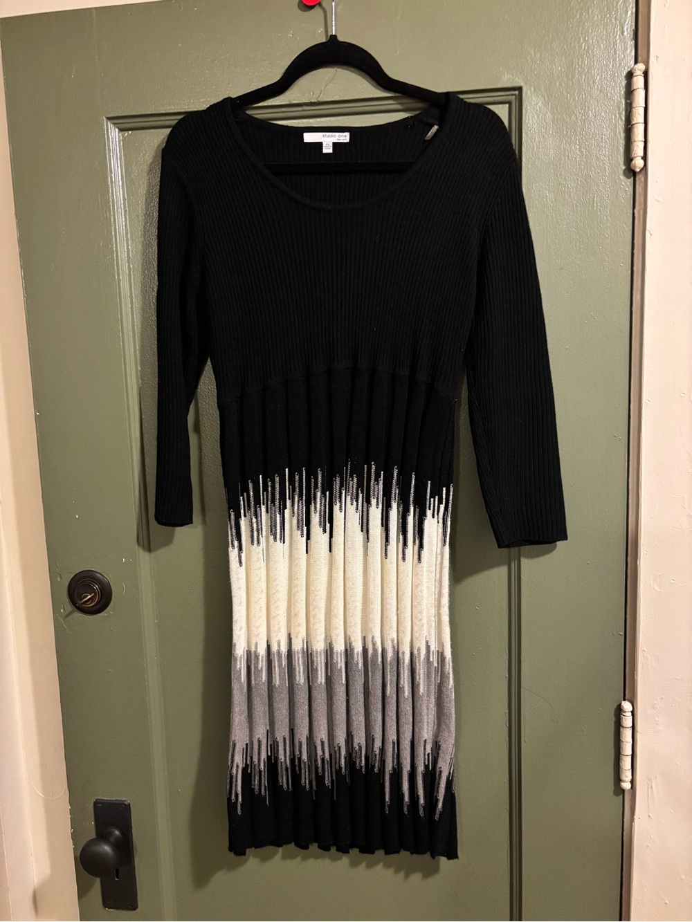 Womens Black Ribbed Sweater Dress with Cream and Gray Ombre